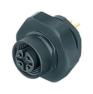 M12 Female panel mount connector, Contacts: 4, unshielded, THT, IP67, UL 2238, PG 9, Rear mounting
