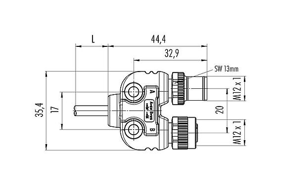 Dessin coté M12 Répartiteur double, Y-distributeur, Contacts: 4, non blindé, surmoulé sur le câble, IP68, UL 2238, PUR, noir, 4 x 0,25 mm², 1 m