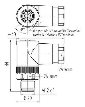 比例图 M12 弯角针头电缆连接器, 极数: 4, 6.0-8.0mm, 非屏蔽, 螺钉接线, IP67, UL 2238