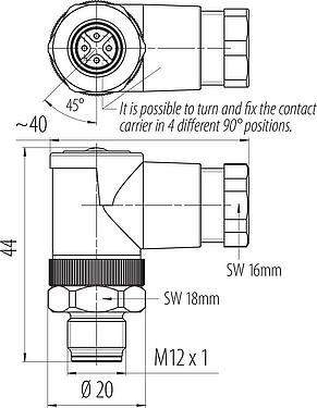 Scale drawing M12 Male angled connector, Contacts: 4, 6.0-8.0 mm, unshielded, screw clamp, IP67, UL 2238