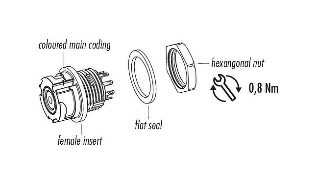 Component part drawing Bayonet Female panel mount connector, Contacts: 8, unshielded, solder, IP67, M13x1,0, Front mounting