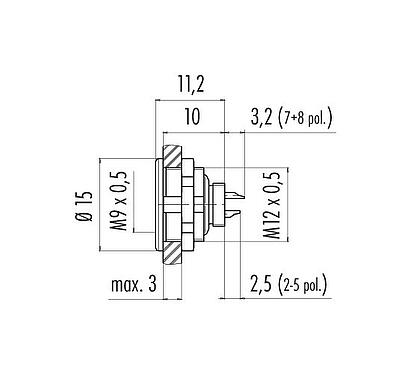 Scale drawing M9 Female panel mount connector, Contacts: 2, unshielded, solder, IP67, M12x0.5, Front mounting