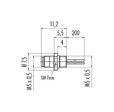 Scale drawing M5 Male panel mount connector, Contacts: 4, unshielded, single wires, IP67, M5x0.5, Front mounting, potted