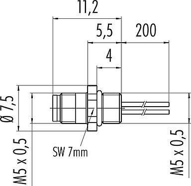 Scale drawing M5 Male panel mount connector, Contacts: 4, unshielded, single wires, IP67, M5x0.5, Front mounting, potted