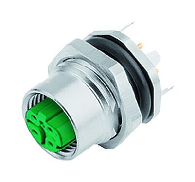 Illustration M12 Female panel mount connector, Contacts: 4, shieldable, THT, IP67, UL 2238, PG 9, Rear mounting