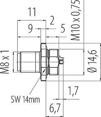Scale drawing M8 Male panel mount connector, Contacts: 4, solder, IP67/IP69K, M10x0.75, Front mounting, with solder cups