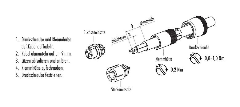 Montageanleitung Snap-In Kabeldose, Polzahl: 5, 3,5-5,0 mm, ungeschirmt, löten, IP40
