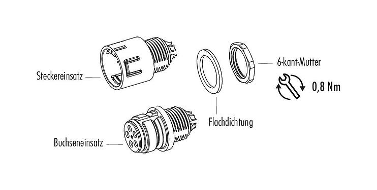 Einzelteildarstellung Snap-In Flanschdose, Polzahl: 5, ungeschirmt, löten, IP67, UL 2238, VDE, M12x1,0, Frontmontage