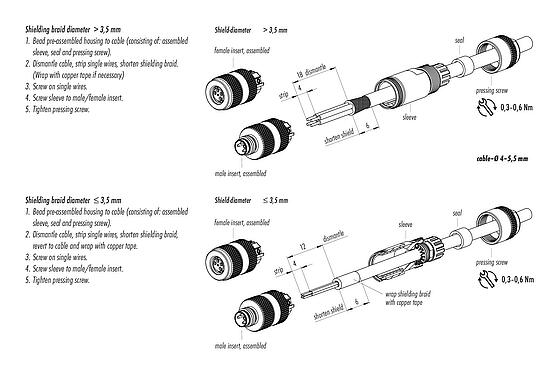 Montážní návod M8 Zástrčka kabelu, : 3, 4,0-5,5 mm, stínitelné, šroubovací svorka, IP67, UL 2238, duhovka