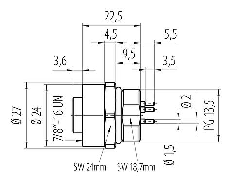 Schaaltekening 7/8" Female panel mount connector, aantal polen: 4, onafgeschermd, THT, IP68, UL 2238, VDE, Frontaansluiting, gegoten