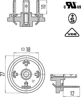 縮尺図 オス電源コネクタ, 極数: 2+PE, 非シールド, はんだ, シールなしのIP40, UL, ESTI+, VDE