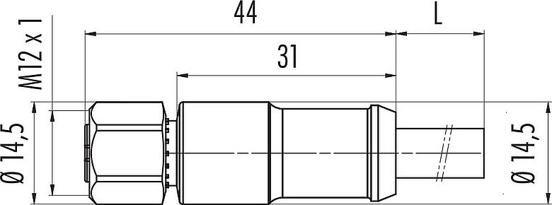 Desenho da escala M12 Tomada de cabo, Contatos: 2+7, moldado no cabo, IP67, PUR, preto, Power: 2 x 0,75 (AWG 18), Sinal: 7x 0,14 (AWG 26), 1,85 m