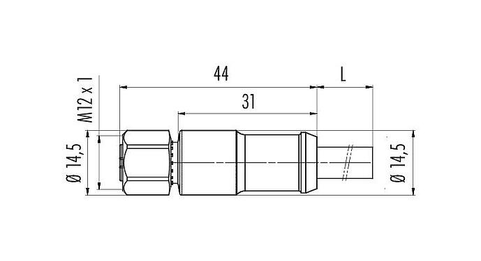 Maßzeichnung M12 Kabeldose, Polzahl: 2+7, am Kabel angespritzt, IP67, PUR, schwarz, Power: 2 x 0,75 (AWG 18), Signal: 7 x 0,14 (AWG 26), 1,85 m
