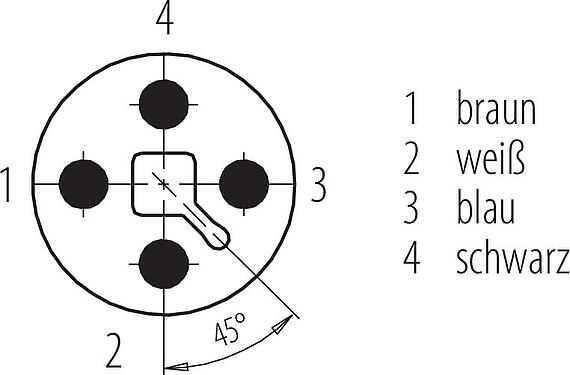 Polbild (Steckseite) M12 Flanschstecker, Polzahl: 4, ungeschirmt, Litzen, IP68, UL 2238, M16x1,5, Frontmontage