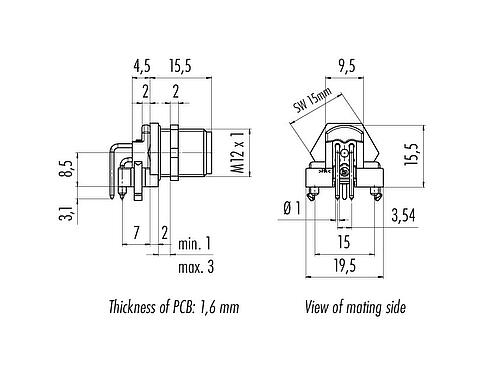 Méretarányos rajz M12 panelre szerelhető csatlakozó, derékszögű, : 4, árnyékolható, THR, IP68, UL 2238, hátsó panel felszerelés, PCB szereléshez