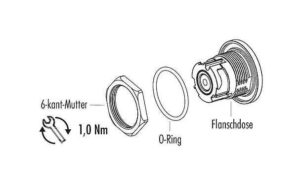 Einzelteildarstellung Bajonett Flanschdose, Polzahl: 8, ungeschirmt, löten, IP67 (auch ungesteckt), Rückwandmontage