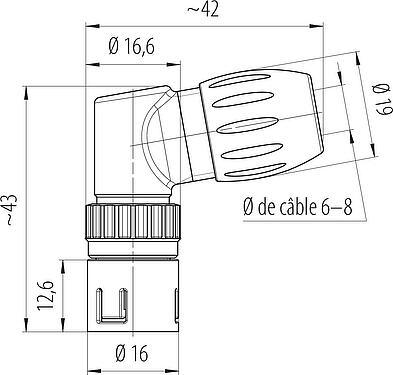 Dessin coté Snap-In Connecteur mâle coudé, Contacts: 3, 6,0-8,0 mm, non blindé, souder, IP67