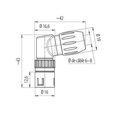 Dessin coté Snap-In Connecteur mâle coudé, Contacts: 12, 6,0-8,0 mm, non blindé, souder, IP67