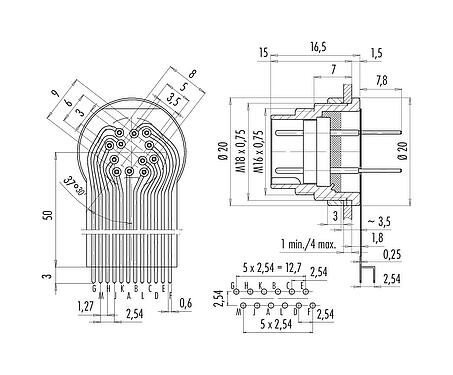 Verbinding & afmetingen M16 Male panel mount connector, aantal polen: 12 (12-a), onafgeschermd, THT, IP40, M18x0,75, Achterwandmontage