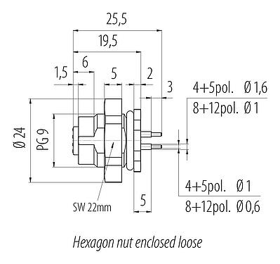 Méretarányos rajz M12 panelre szerelhető foglalat, : 4, árnyékolatlan, THT, IP67, UL 2238, PG 9, hátsó panel felszerelés