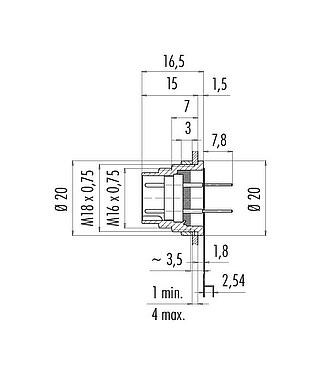 Schaaltekening M16 Male panel mount connector, aantal polen: 12 (12-a), onafgeschermd, THT, IP40, M18x0,75, Achterwandmontage
