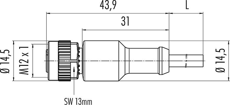 Méretarányos rajz M12 kábel aljzat, : 5, árnyékolatlan, kábelre öntött, IP68/IP69K, PUR, fekete, 5 x 0,34 mm², hegesztési alkalmazásokhoz, 2 m