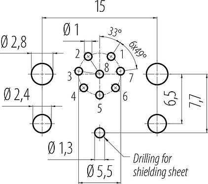 導體佈局 M12 針頭法蘭座, : 8, 可接遮罩, THR, IP68, UL 2238, M12x1.0, 後壁安裝, 用於PCB組裝