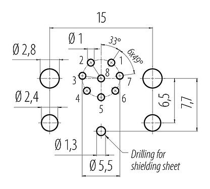 導體佈局 M12 針頭法蘭座, : 8, 可接遮罩, THR, IP68, UL 2238, M12x1.0, 後壁安裝, 用於PCB組裝