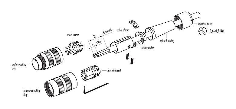 Összeszerelési utasítás M16 Kábelre szerelhető csatlakozó, : 5 (05-a), 6,0-8,0 mm, árnyékolható, csavaros bilincs, IP40