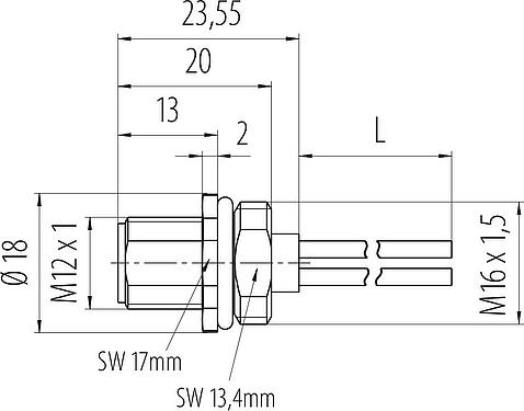 Maßzeichnung M12 Flanschstecker, Polzahl: 4, ungeschirmt, Litzen, IP68, UL 2238, M16x1,5, Frontmontage