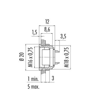 Scale drawing M16 Female panel mount connector, Contacts: 24, unshielded, solder, IP40, M18x0,75, Front mounting