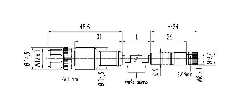 Scale drawing M12/M8 Male cable connector - female cable connector, Contacts: 4, unshielded, moulded on the cable, IP67/IP69K, UL 2238, PUR, black, 4 x 0.34 mm², 1 m
