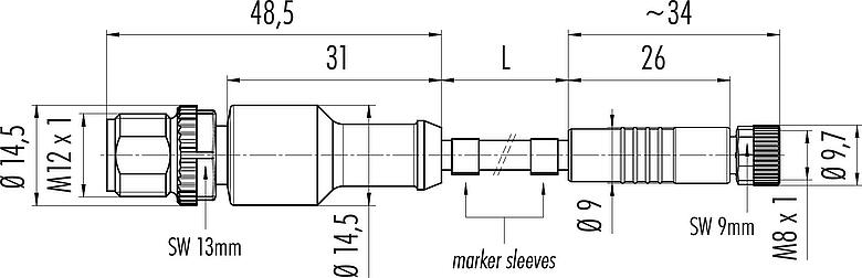 Scale drawing M12/M8 Male cable connector - female cable connector, Contacts: 4, unshielded, moulded on the cable, IP67/IP69K, UL 2238, PUR, black, 4 x 0.34 mm², 1 m