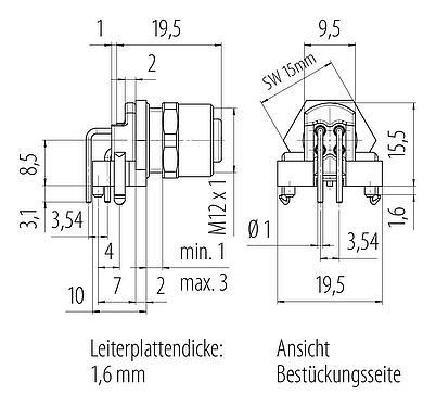 Maßzeichnung M12 Flanschdose, Polzahl: 4, schirmbar, THR, IP67, UL 2238, M12x1,0, Rückwandmontage