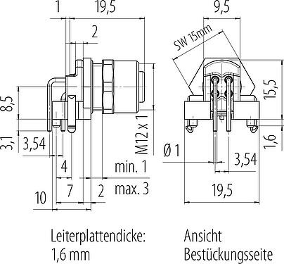 Maßzeichnung M12 Flanschdose, Polzahl: 4, schirmbar, THR, IP67, UL 2238, M12x1,0, Rückwandmontage
