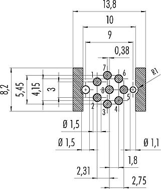 Conductor layout M12 Male receptacle, Contacts: 8, shieldable, SMT, IP67
