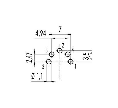 Conductor layout M16 Male panel mount connector, Contacts: 5 (05-b), unshielded, THT, IP40, M18x0,75, Rear mounting