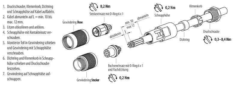 Montageanleitung M9 Kabelstecker, Polzahl: 2, 3,5-5,0 mm, ungeschirmt, löten, IP67