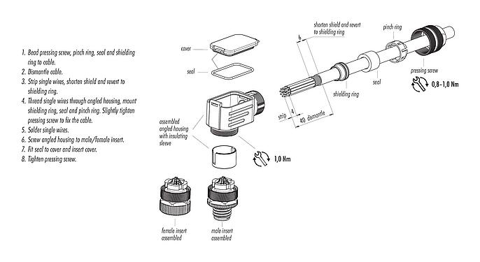 装配说明 M12 弯角针头电缆连接器, 极数: 12, 6.0-8.0mm, 可接屏蔽, 焊接, IP67, UL 2238, 带防护环