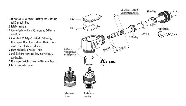 Montageanleitung M12 Winkeldose, Polzahl: 8, 6,0-8,0 mm, schirmbar, schraubklemm, IP67, UL 2238, mit Schirmring
