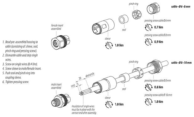Montagehandleiding M12 Kabeldoos, aantal polen: 4, 6,0-8,0 mm, onafgeschermd, schroefklem, IP67, Roestvrij staal