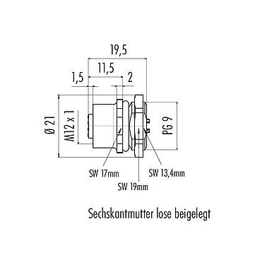 Maßzeichnung M12 Flanschdose, Polzahl: 8, ungeschirmt, löten, IP67, UL 2238, PG 9, Frontmontage