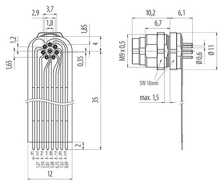 Anschluss & Maße
M9 Flanschstecker, Polzahl: 8, ungeschirmt, THT, IP40, M9x0,5, Rückwandmontage