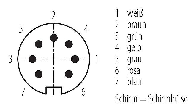 Polbild (Steckseite) M16 Kabelstecker, Polzahl: 7 (07-b), geschirmt, am Kabel angespritzt, IP67, PUR, schwarz, 7 x 0,25 mm², 2 m