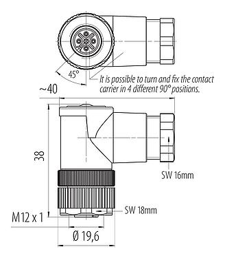 Scale drawing M12 Female angled connector, Contacts: 4, 6.0-8.0 mm, unshielded, screw clamp, IP67, UL 2238, PG 9