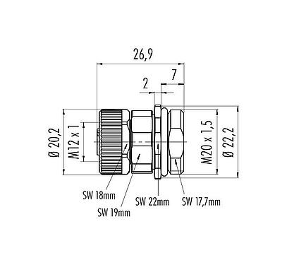 Maßzeichnung M12 Flanschdose, Polzahl: 5, ungeschirmt, schraubklemm, IP67, UL 2238, VDE, M20x1,5, Frontmontage, für die Spannungsversorgung (Power)