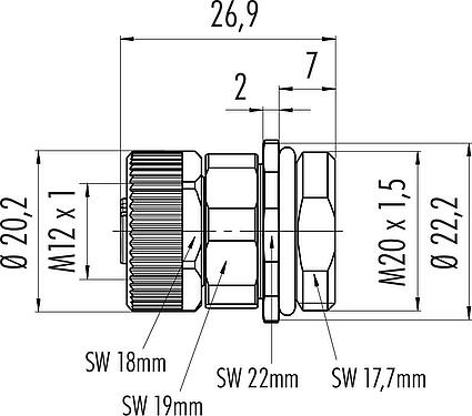 Scale drawing M12 Female panel mount connector, Contacts: 4, unshielded, screw clamp, IP67, UL 2238, VDE, M20x1.5, Front mounting
