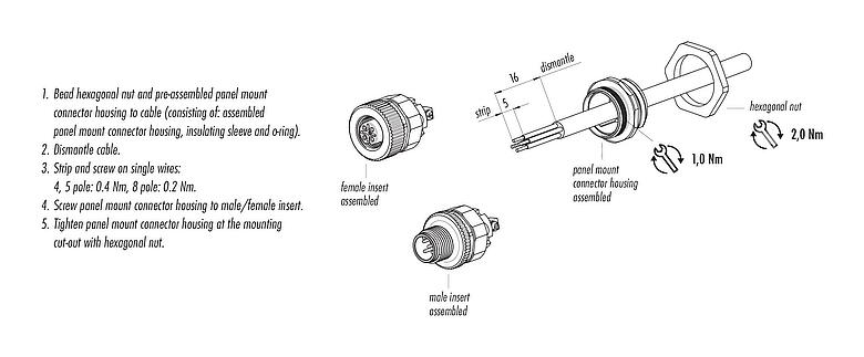 Instrução de montagem M12 Soquete de flange, Contatos: 5, desprotegido, pinça de parafuso, IP67, UL 2238, VDE, M20x1,5, Montagem frontal, para o fornecimento de energia elétrica (Power)