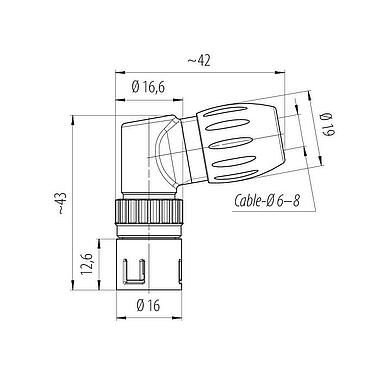 Scale drawing Snap-In Male angled connector, Contacts: 3, 6.0-8.0 mm, unshielded, solder, IP67