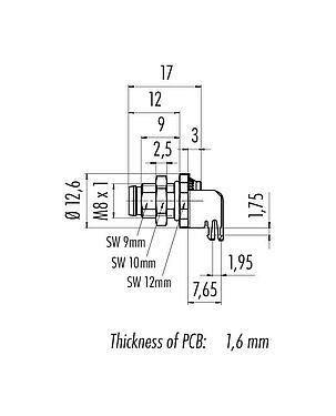 Scale drawing M8 Male panel mount connector, Contacts: 6, shieldable, THT, IP67, UL 2238, M8x1.0, Rear mounting